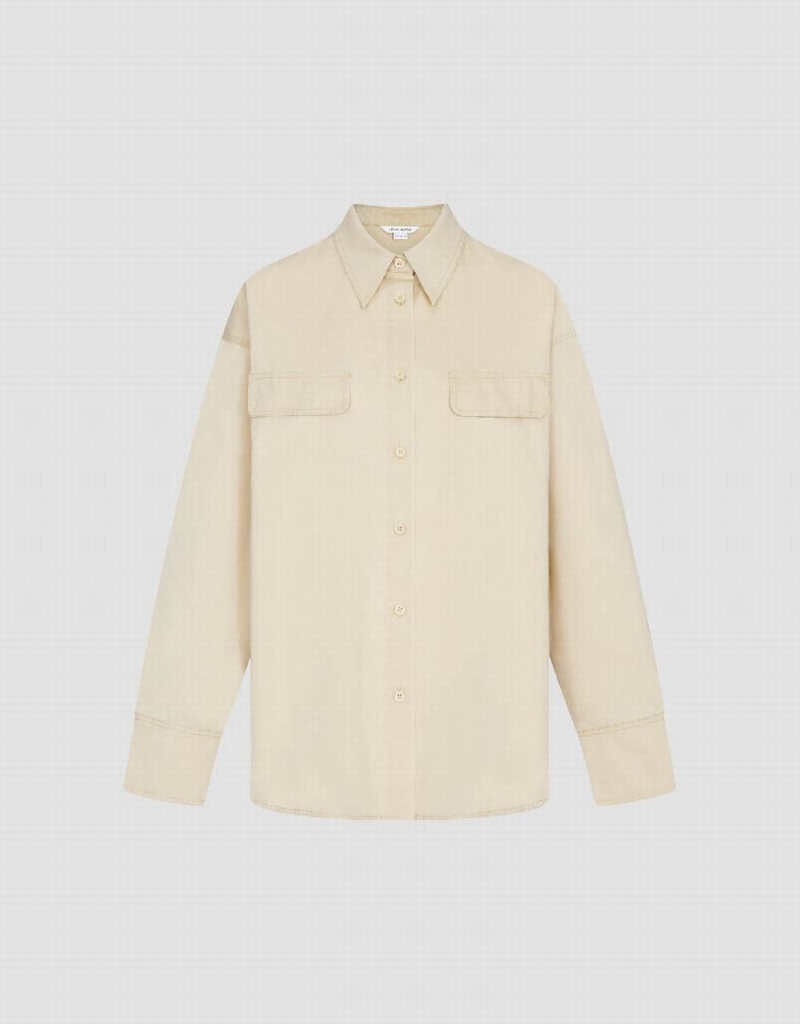 Camisas Urban Revivo Button Up Directo Mujer Kaki Claro | UVV7934DG