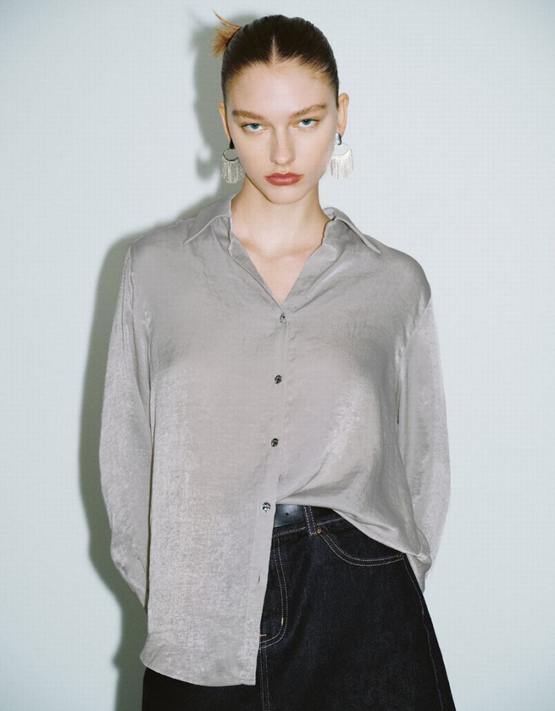Camisas Urban Revivo Button Up Directo Mujer Grises Claro | BQS8111YI