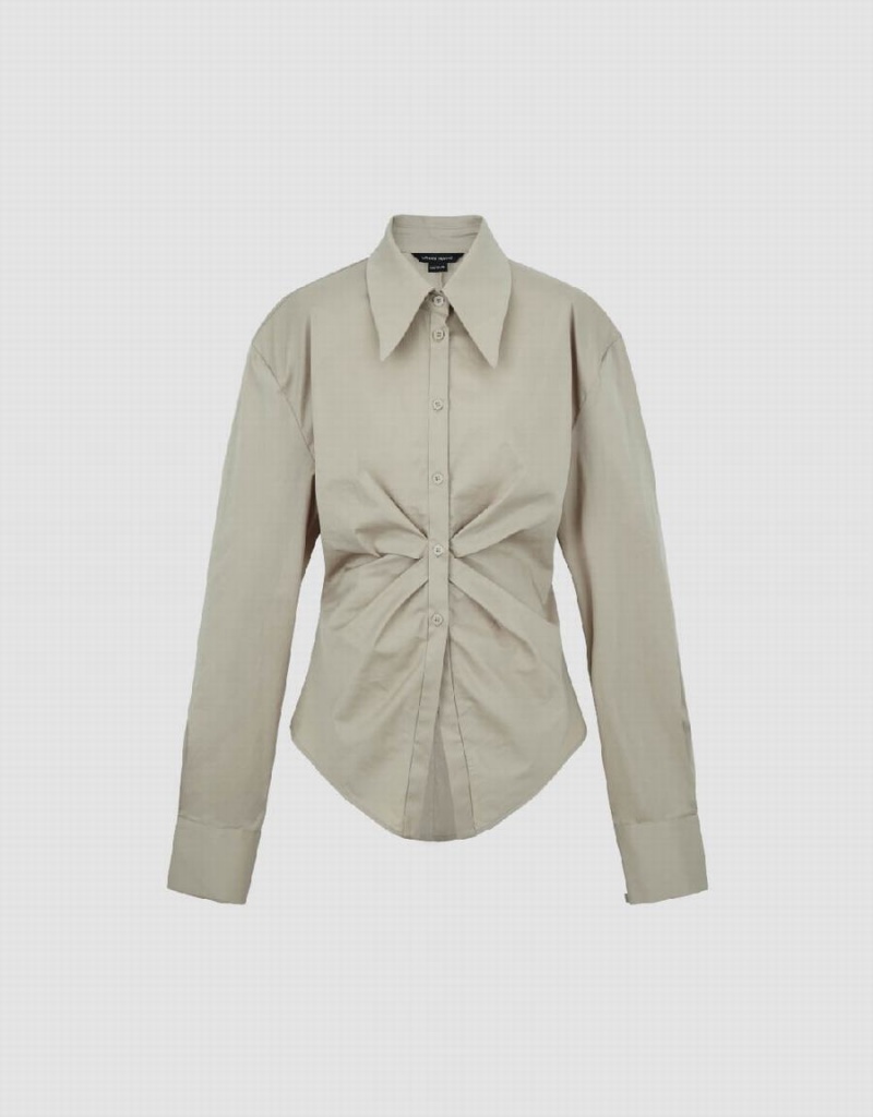 Camisas Urban Revivo Button Up Flaco Mujer Kaki | MER1859LT