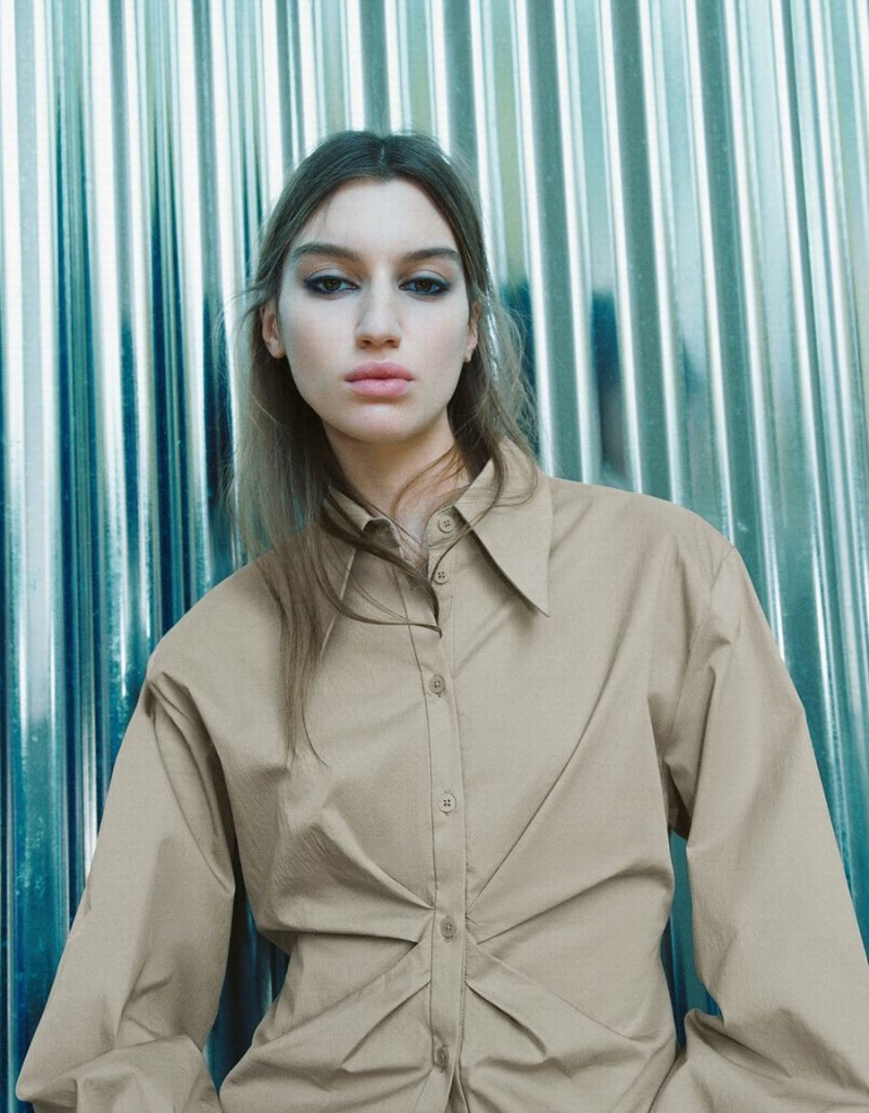 Camisas Urban Revivo Button Up Flaco Mujer Kaki | MER1859LT