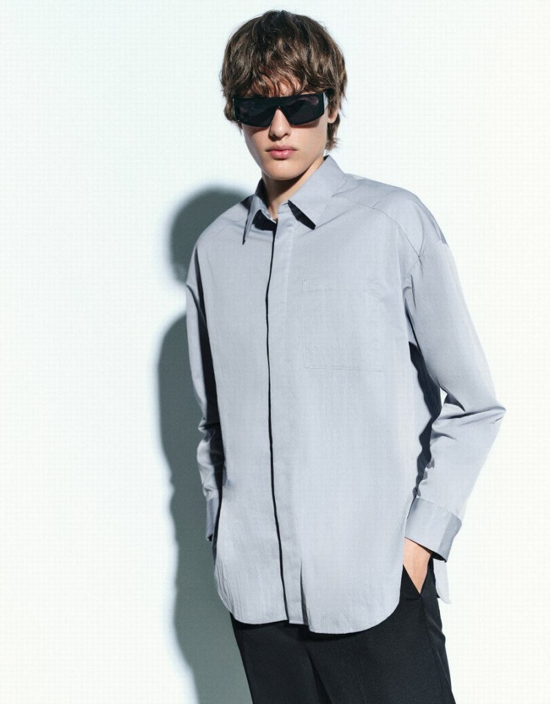 Camisas Urban Revivo Button Up Loose Hombre Azules | VBQ3728GN