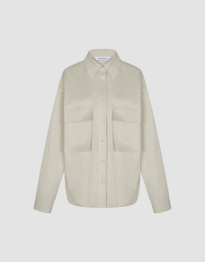 Camisas Urban Revivo Button Up Loose With Flap Pockets Mujer Blancos | MCA9555GC