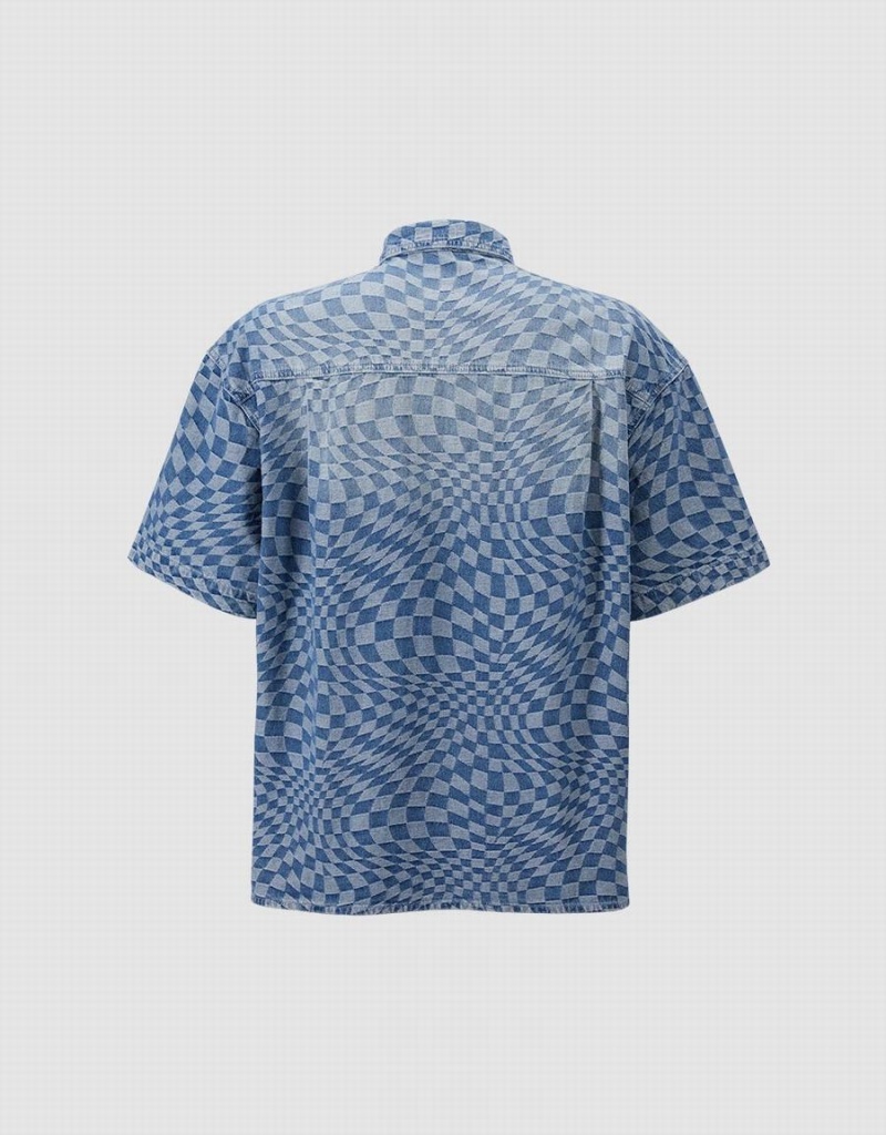 Camisas Urban Revivo Checkered Denim Hombre Azules | TOJ4275AG