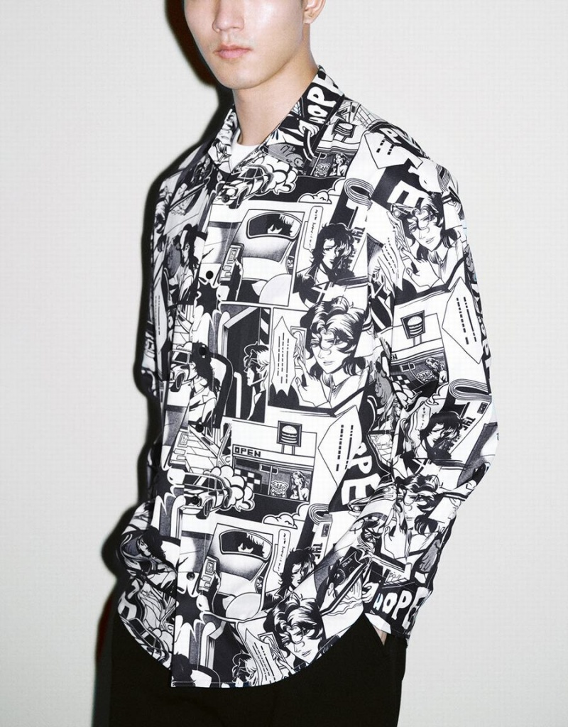 Camisas Urban Revivo Comic Printed Loose Hombre Grises | CDG726SF
