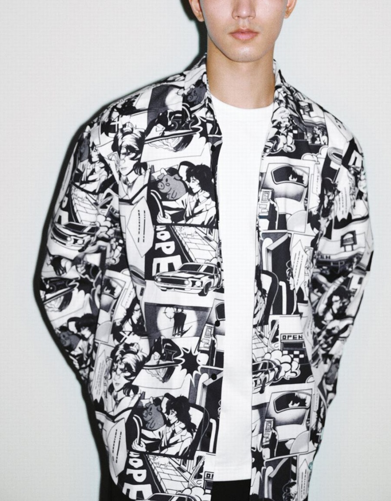 Camisas Urban Revivo Comic Printed Loose Hombre Grises | CDG726SF