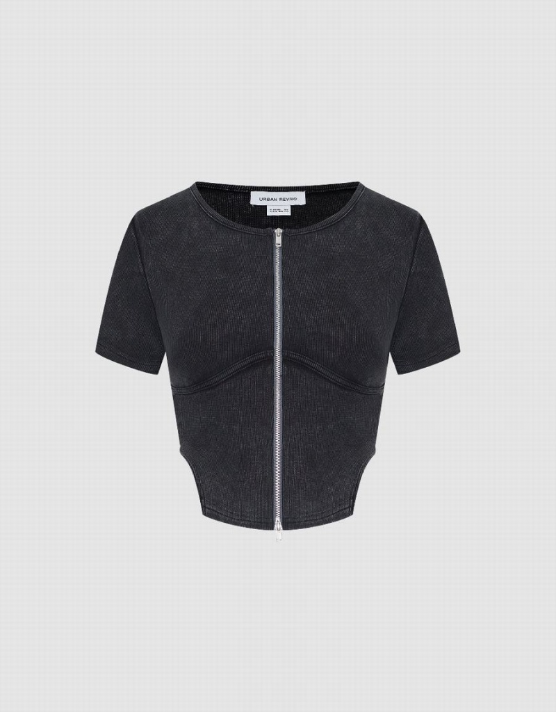 Camisas Urban Revivo Cremallera Front Crew Neck Mujer Grises Oscuro | WLH938CS