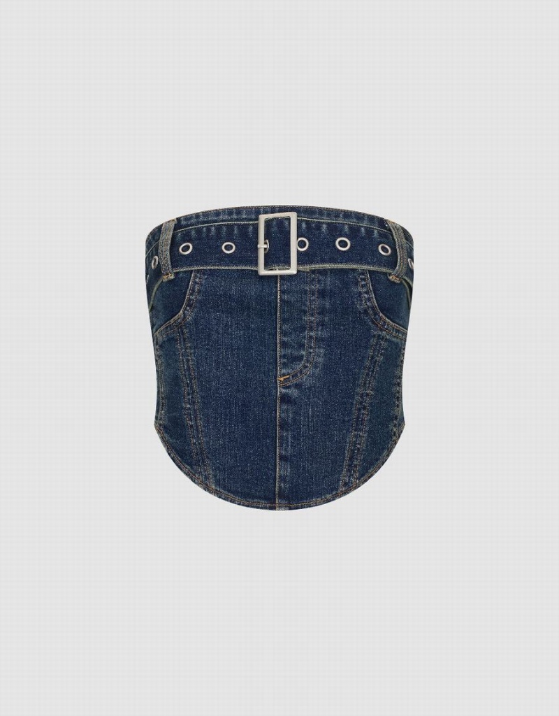 Camisas Urban Revivo Denim Top Mujer Azules | VSL53100ZB