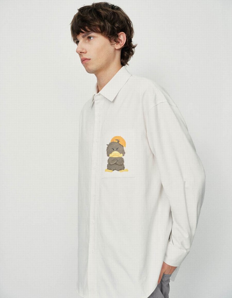Camisas Urban Revivo Duck Printed Oversized Hombre Blancos | GIM4134AG