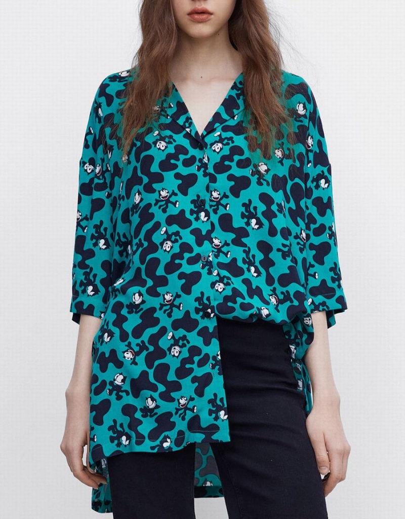 Camisas Urban Revivo Felix The Cat Allover Print Mujer Verdes | PFQ8710FC