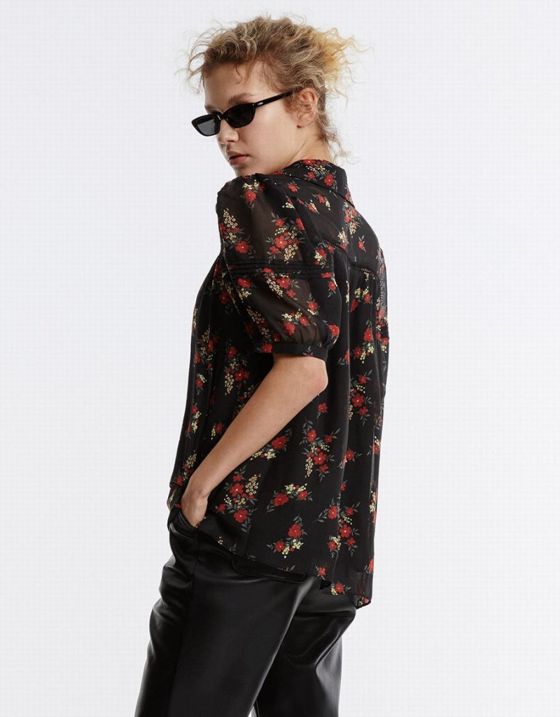 Camisas Urban Revivo Floral Button Up Mujer Negros Rojos | VPS6068PI