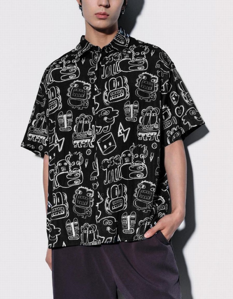 Camisas Urban Revivo Graffiti Printed Oversized Hombre Negros | HIW1313JZ