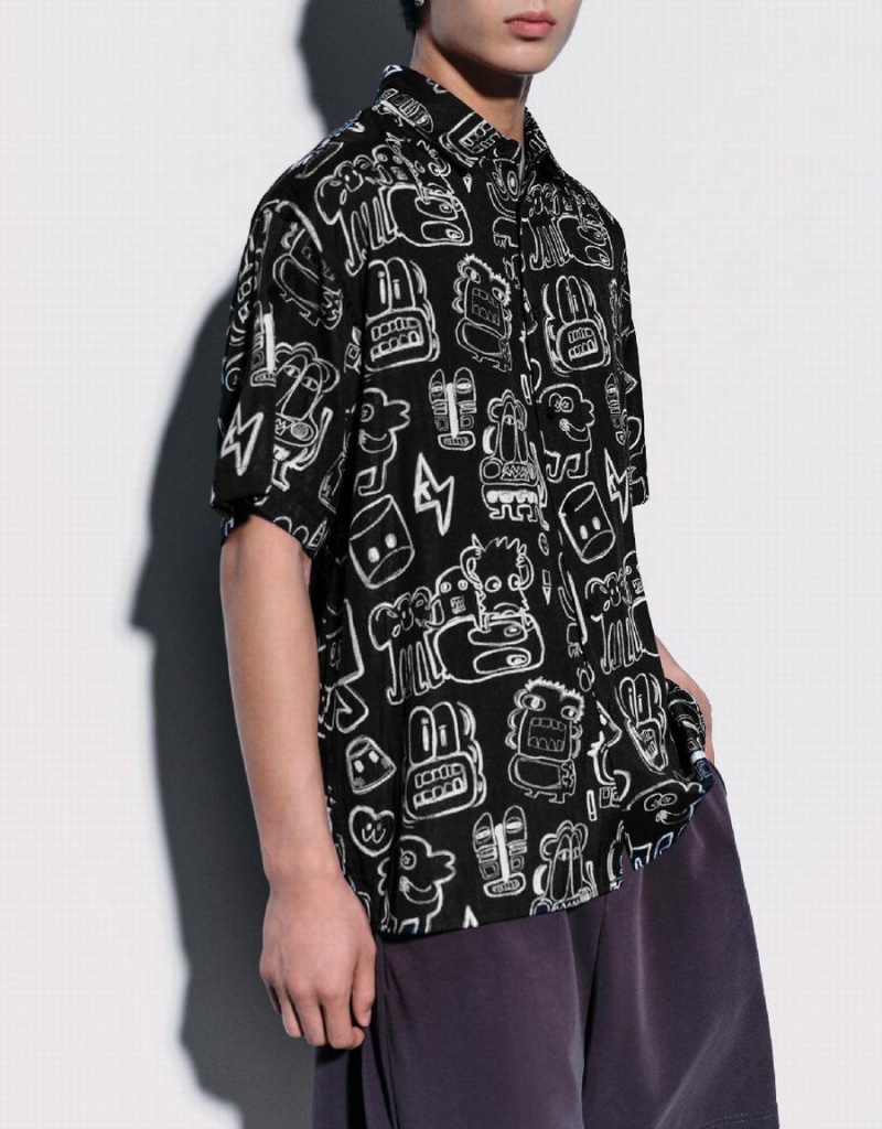 Camisas Urban Revivo Graffiti Printed Oversized Hombre Negros | HIW1313JZ