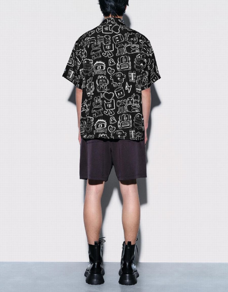 Camisas Urban Revivo Graffiti Printed Oversized Hombre Negros | HIW1313JZ
