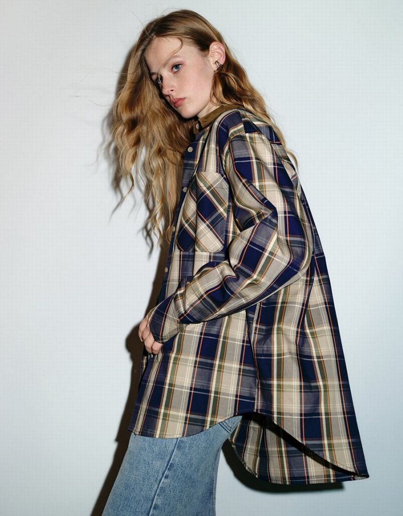 Camisas Urban Revivo Plaid A-Line Mujer Marrom | PPV3060MV