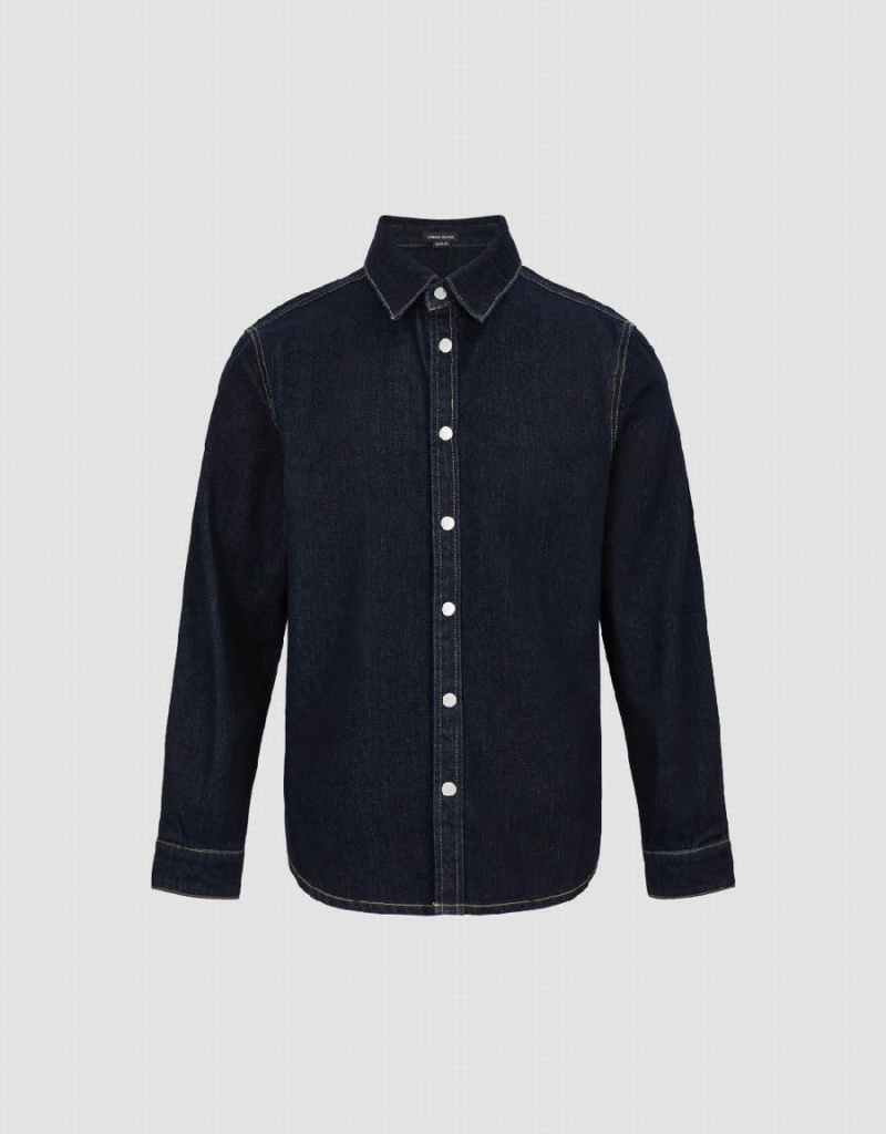 Camisas Urban Revivo Press Button Denim Hombre Azules | TTE296PS