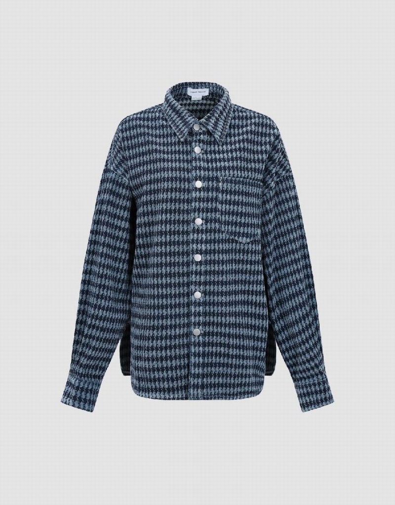 Camisas Urban Revivo Press Buttoned Checkered Denim Mujer Azules | DGE4591XX