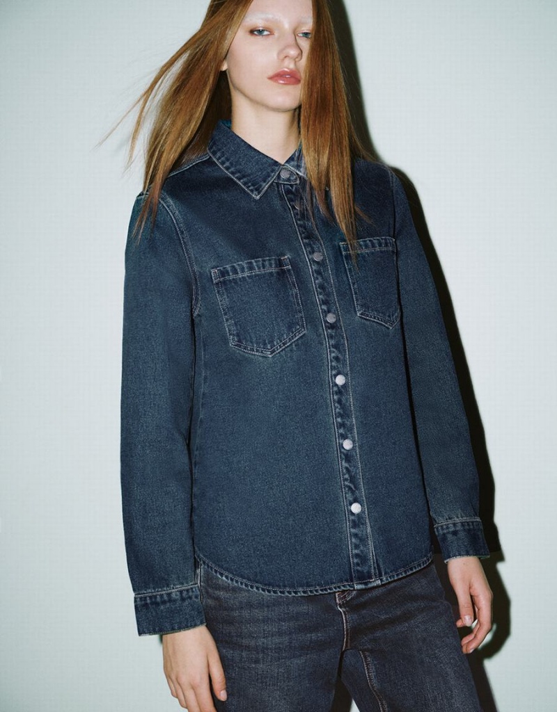 Camisas Urban Revivo Press Buttoned Denim Mujer Azules | PDO4026GM