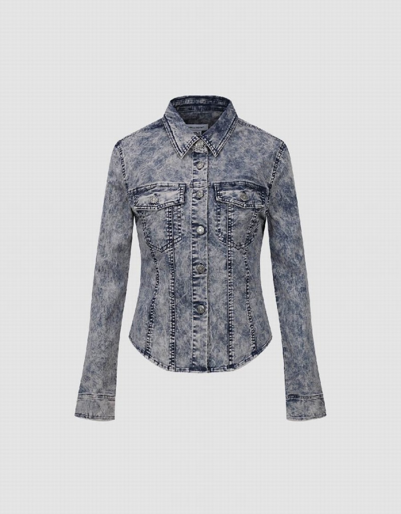 Camisas Urban Revivo Press Buttoned Skater Mujer Azules | HSH762HQ