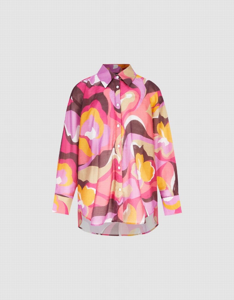 Camisas Urban Revivo Printed Button Up Lapel Mujer Rosas Multicolor | UTJ267SJ