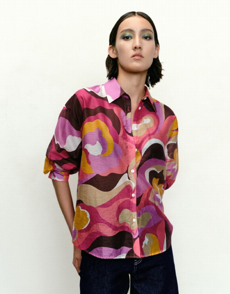 Camisas Urban Revivo Printed Button Up Lapel Mujer Rosas Multicolor | UTJ267SJ