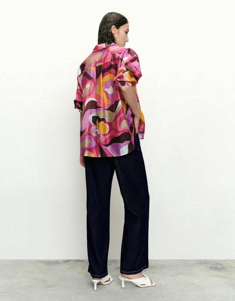Camisas Urban Revivo Printed Button Up Lapel Mujer Rosas Multicolor | UTJ267SJ