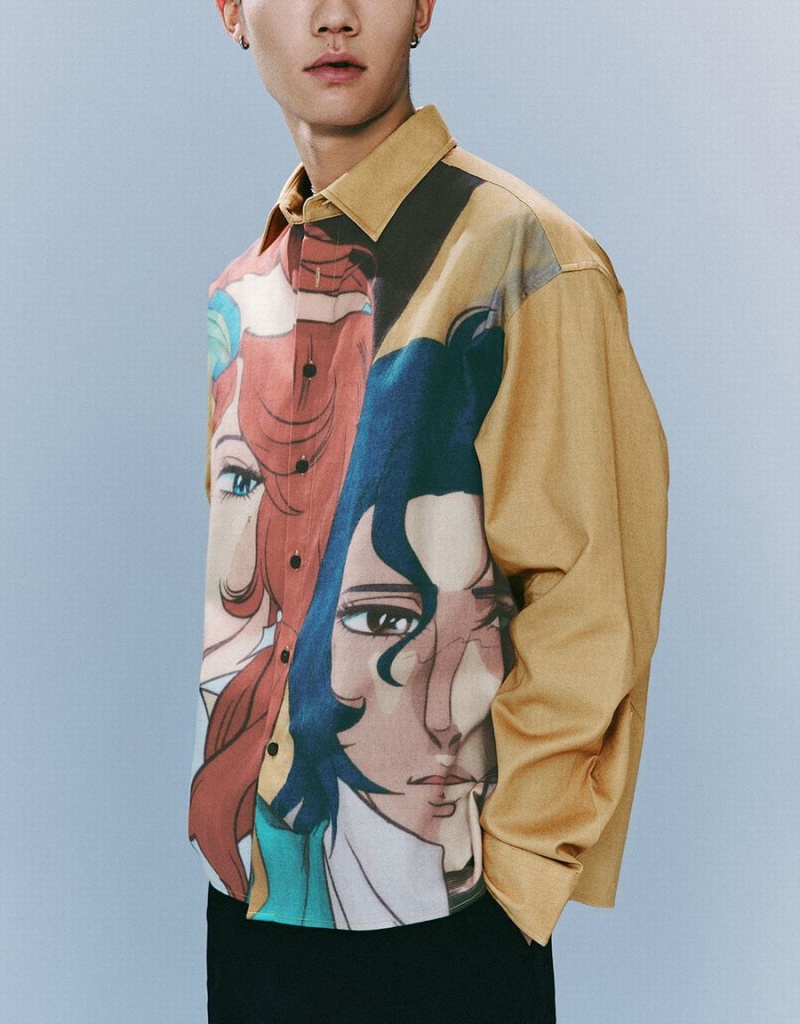 Camisas Urban Revivo Printed Loose Hombre Amarillos | RSE7298YC
