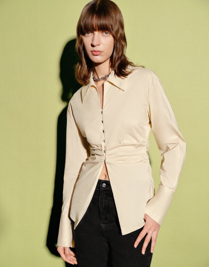 Camisas Urban Revivo Ruched Lapel Skater Mujer Amarillos | XSN3583BB
