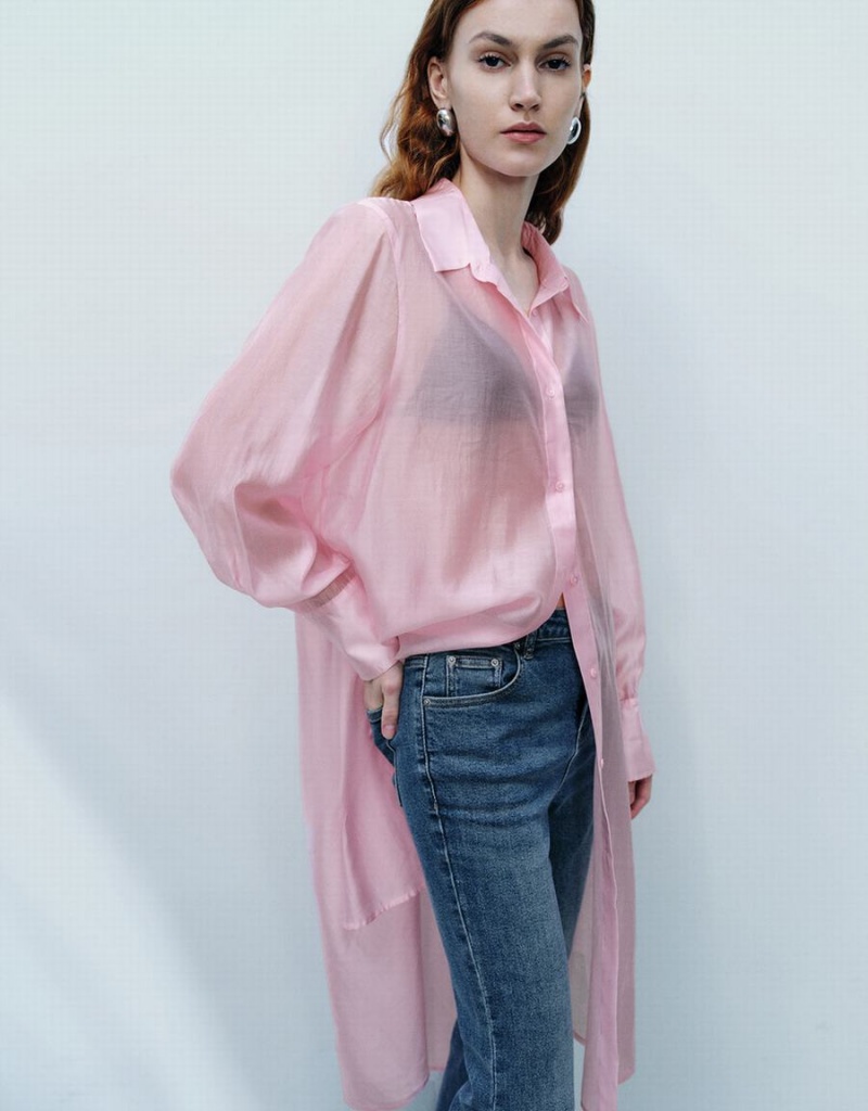 Camisas Urban Revivo Sheer Long Directo Mujer Rosas | WDI3166RV