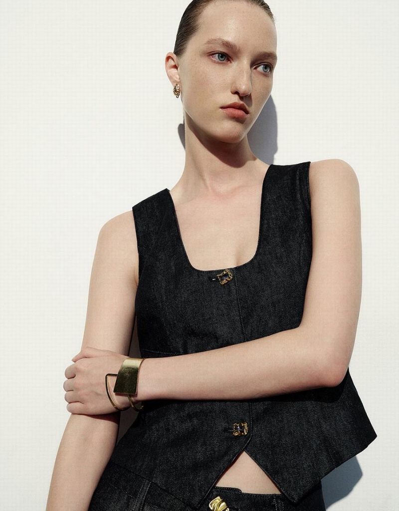 Camisas Urban Revivo U Neck Denim Waistcoat Mujer Azules | BFM6682DM