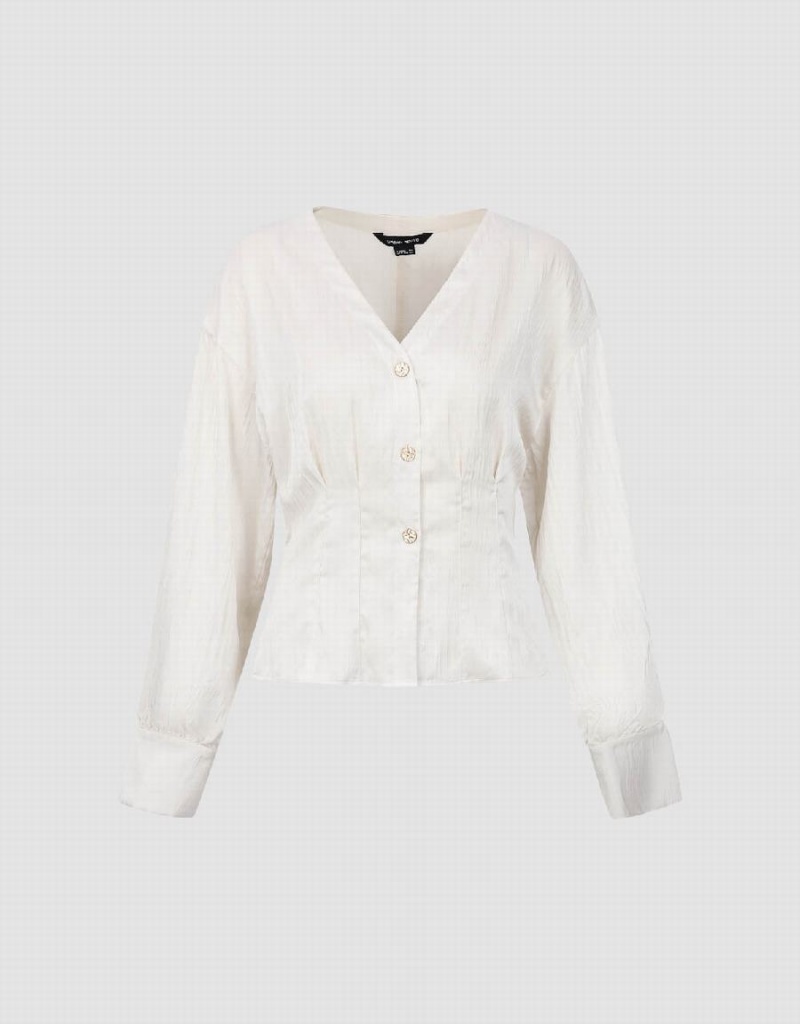 Camisas Urban Revivo V-Neck Directo Mujer Blancos | OHJ2399SA
