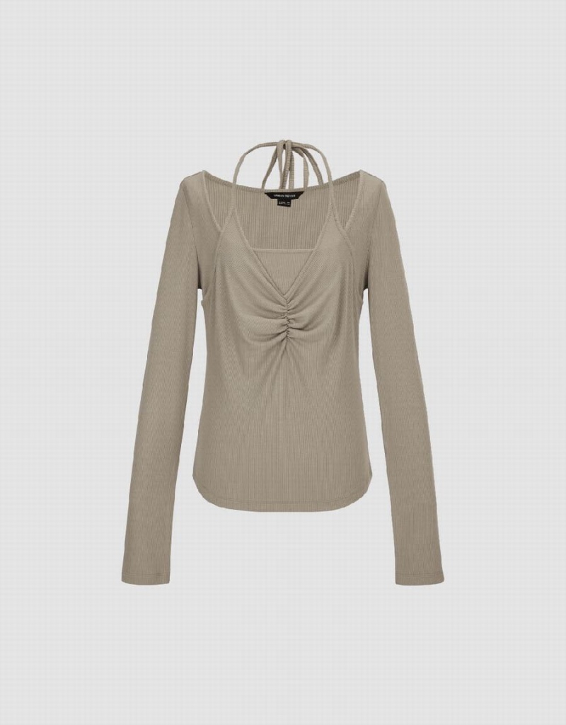Camiseta Urban Revivo 2 In 1 Flaco Mujer Kaki | SAW6634DJ