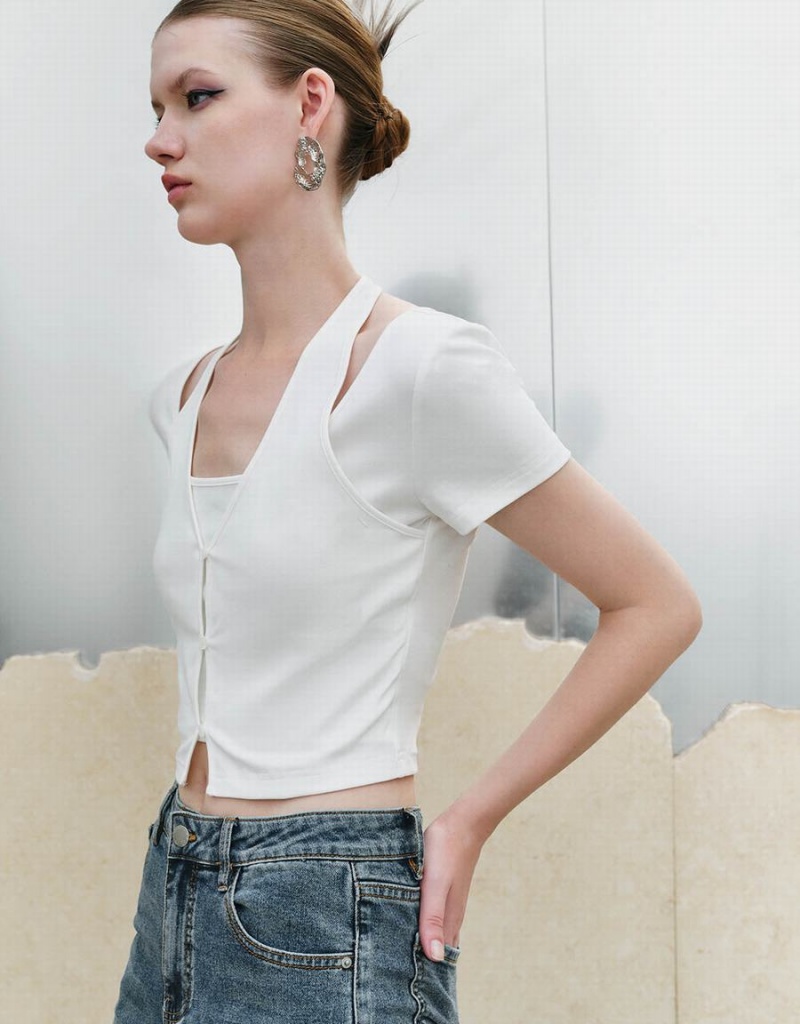 Camiseta Urban Revivo 2 In 1 Halter Neck Directo Mujer Blancos | DUE8740MJ