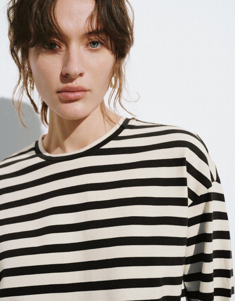 Camiseta Urban Revivo A Rayas Crew Neck Loose Mujer Marrom | ROE687RC