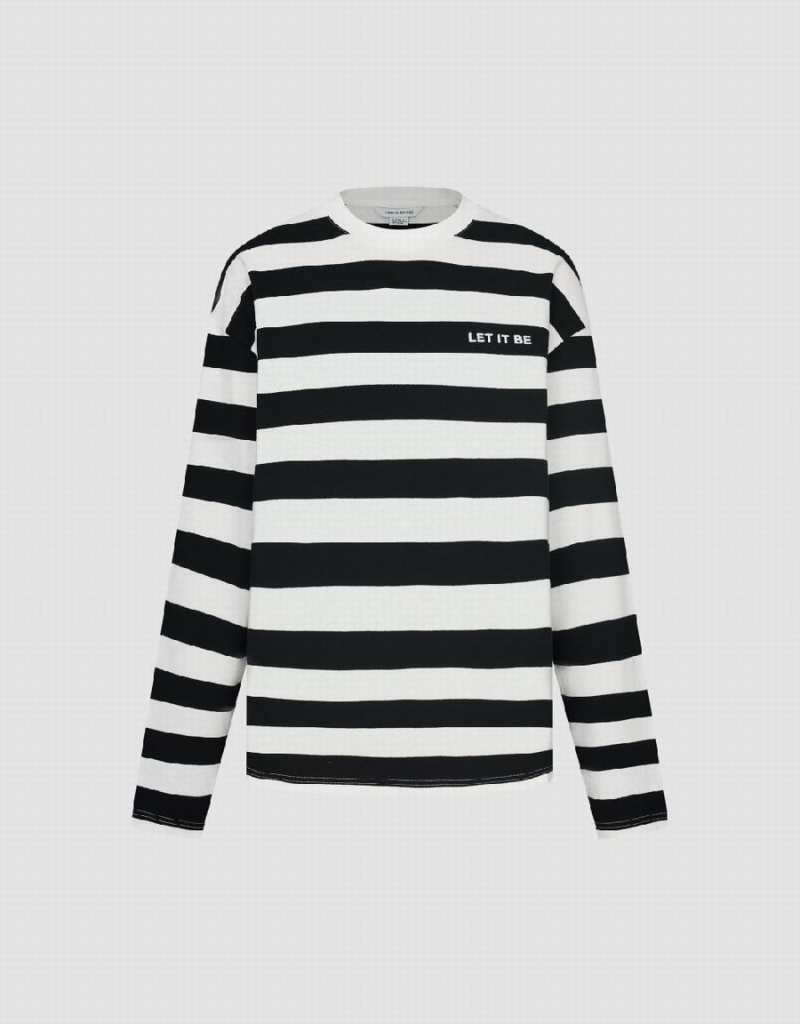Camiseta Urban Revivo A Rayas Crew Neck Hombre Negros | IWO4950KI