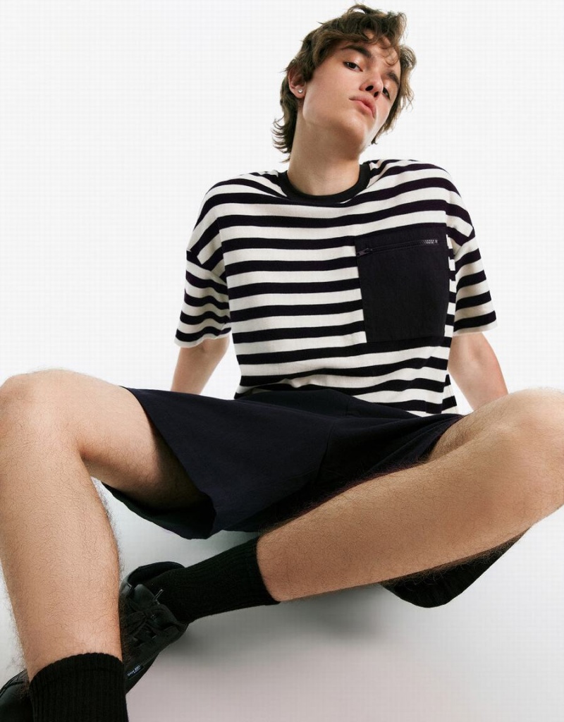 Camiseta Urban Revivo A Rayas Crew Neck Hombre Negros | UQT6835TA