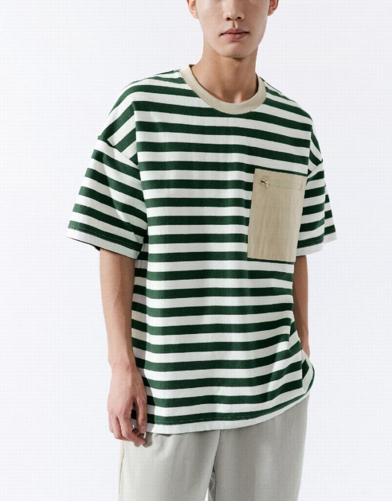 Camiseta Urban Revivo A Rayas Directo Hombre Verdes | LKM8178OZ