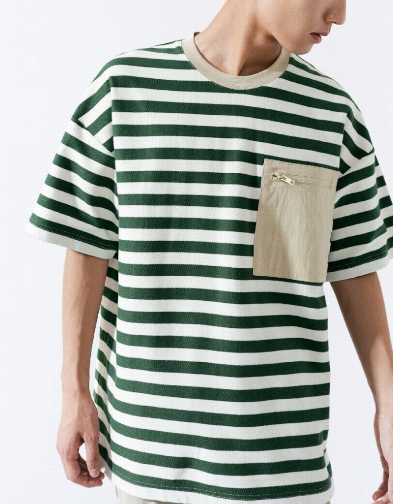Camiseta Urban Revivo A Rayas Directo Hombre Verdes | LKM8178OZ