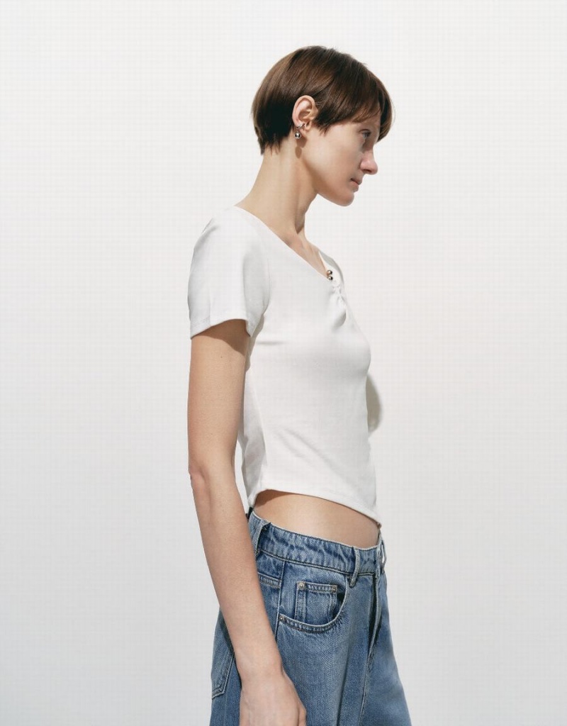 Camiseta Urban Revivo Asymmetric Crew Neck Flaco Mujer Blancos | RNJ8569UG