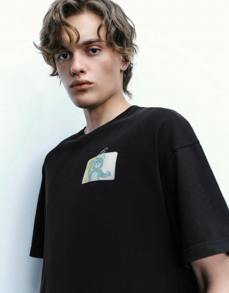 Camiseta Urban Revivo Bear Printed Crew Neck Hombre Negros | NPG699BV