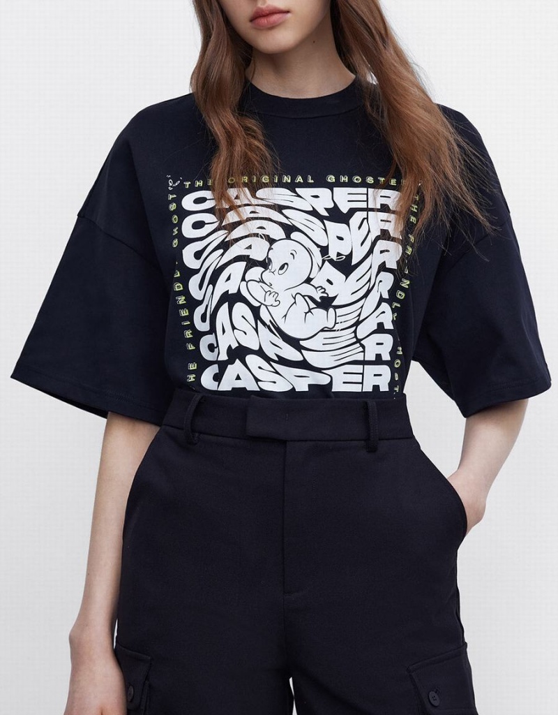 Camiseta Urban Revivo Casper Oversized Mujer Negros | DNS7150HC