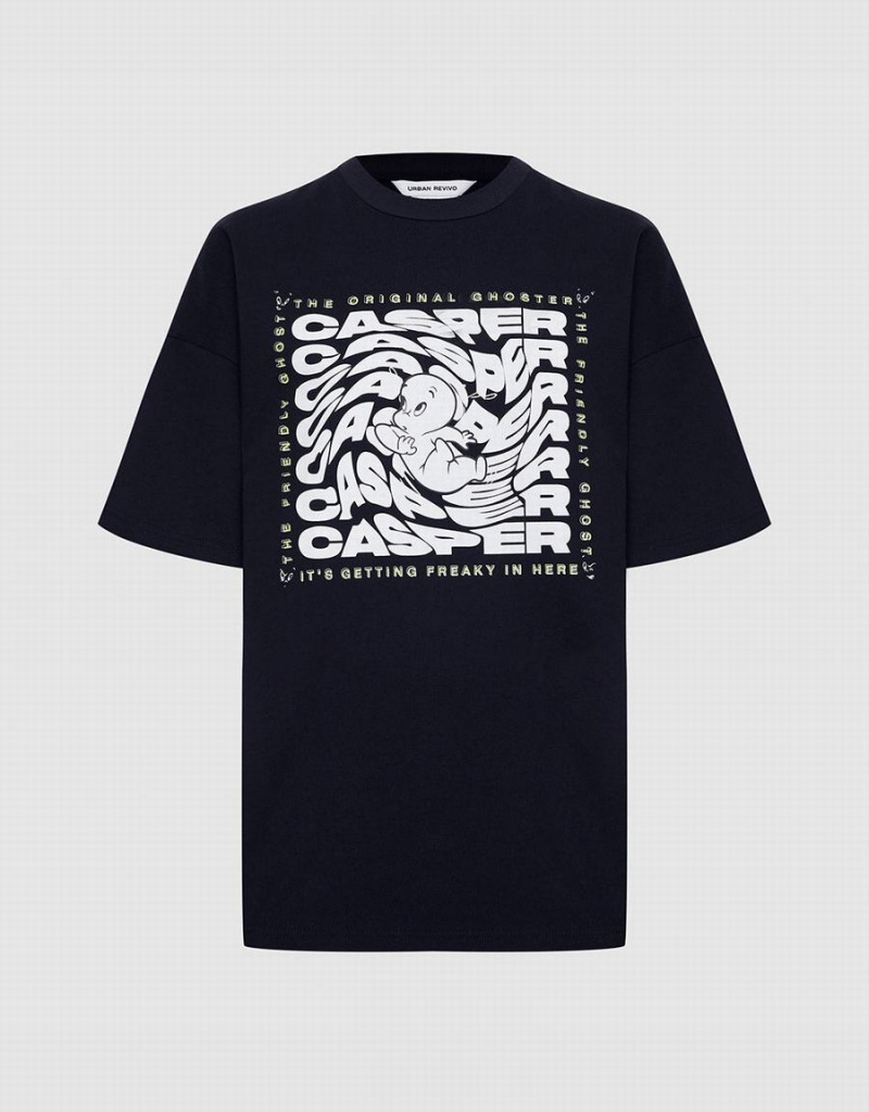 Camiseta Urban Revivo Casper Oversized Mujer Negros | DNS7150HC