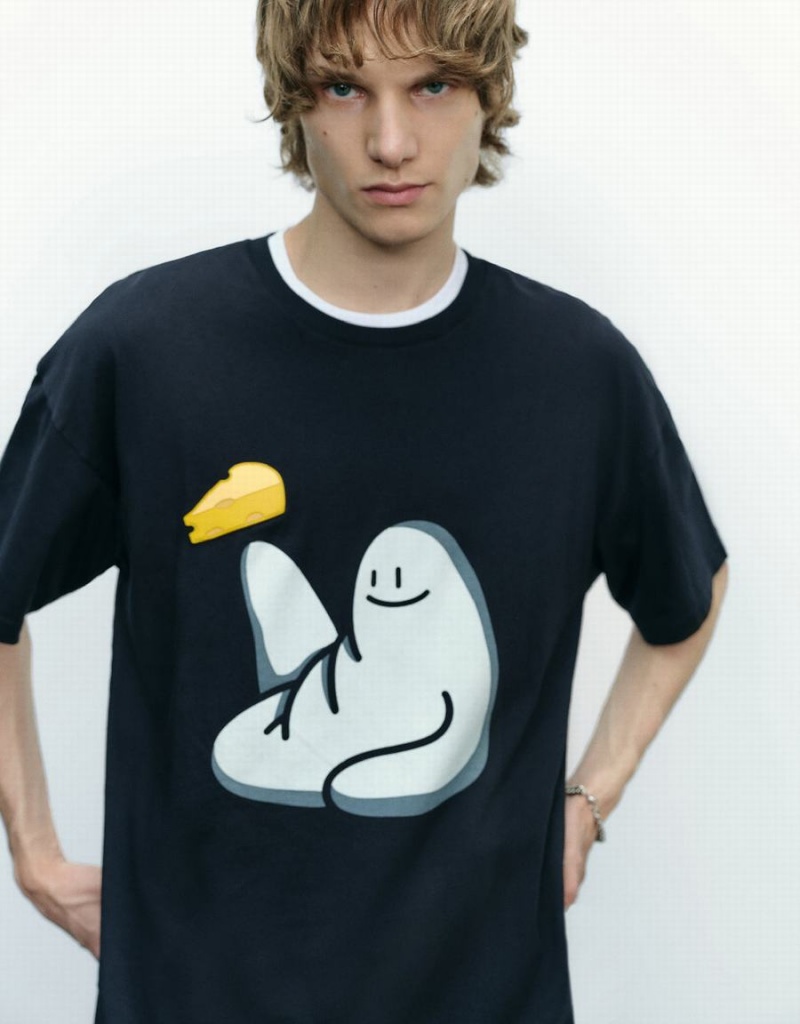 Camiseta Urban Revivo Cheese Man Printed Crew Neck Hombre Negros | JFK1869BC