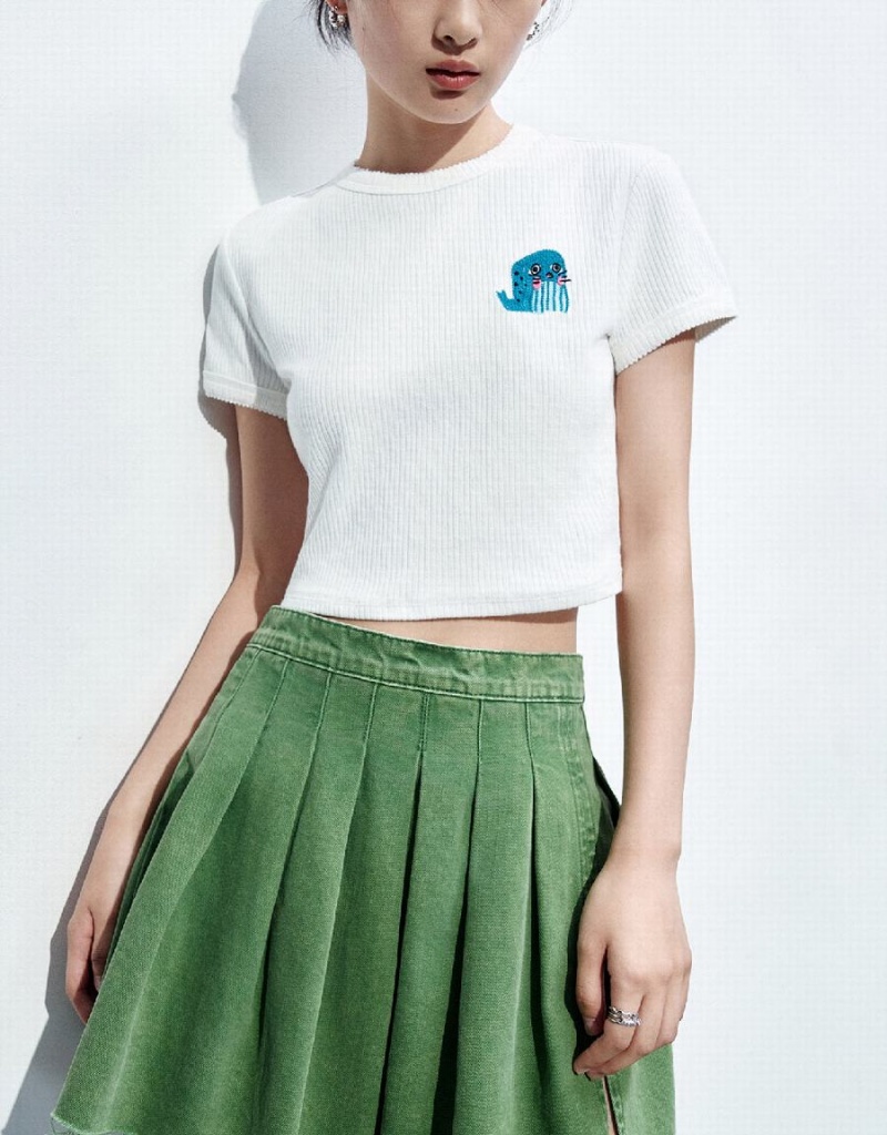 Camiseta Urban Revivo Crew Neck De Punto Mujer Blancos | MLY1856VH