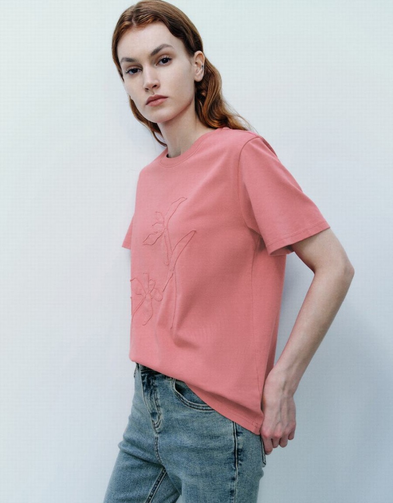 Camiseta Urban Revivo Crew Neck Directo Mujer Rosas | EJZ5415BU