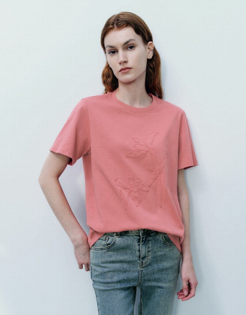 Camiseta Urban Revivo Crew Neck Directo Mujer Rosas | EJZ5415BU