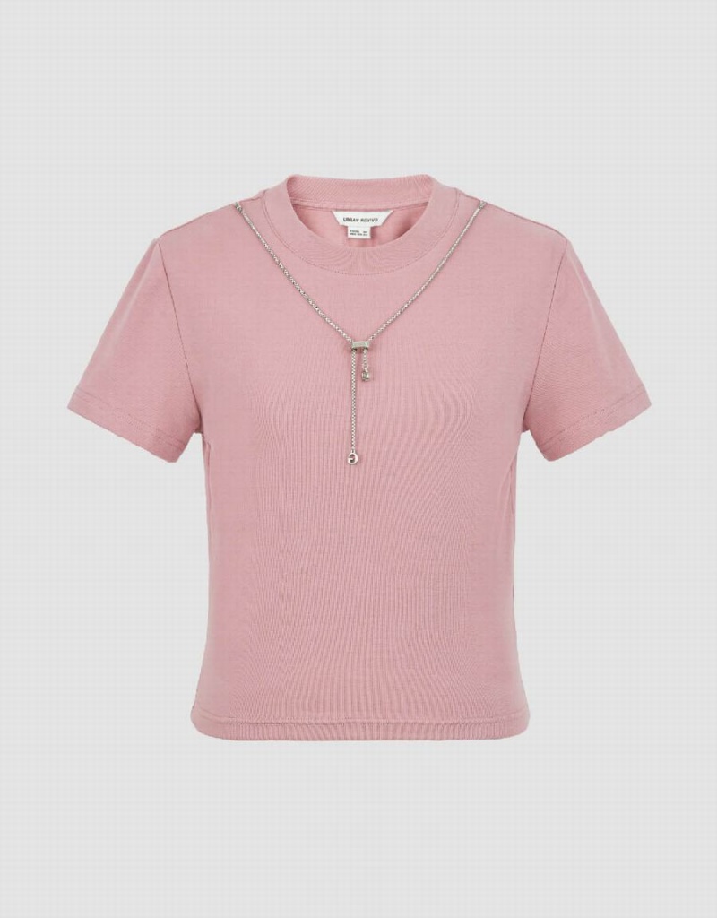 Camiseta Urban Revivo Crew Neck Flaco With Necklace Mujer Rosas | RXI4120MY