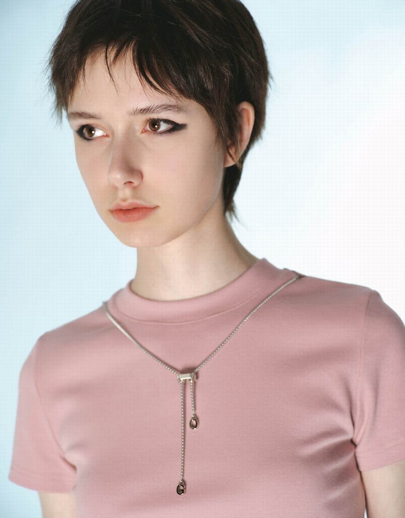 Camiseta Urban Revivo Crew Neck Flaco With Necklace Mujer Rosas | RXI4120MY