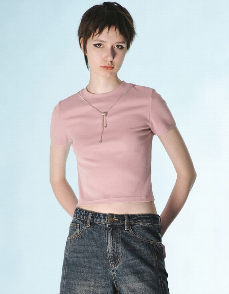 Camiseta Urban Revivo Crew Neck Flaco With Necklace Mujer Rosas | RXI4120MY