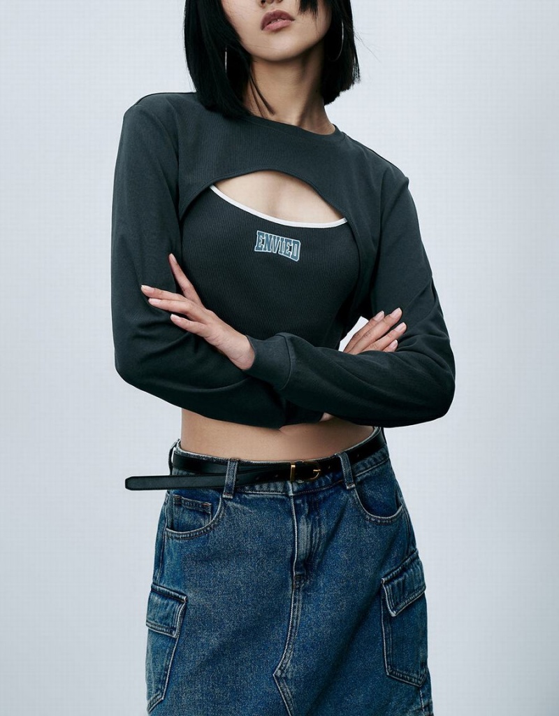 Camiseta Urban Revivo Cut-Out Crew Neck De Punto Mujer Grises Oscuro | BSG2148FX
