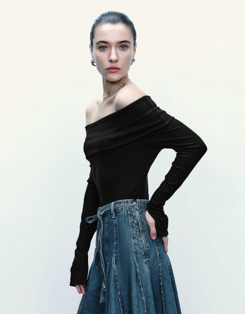 Camiseta Urban Revivo De Punto Off-Shoulder Flaco Mujer Negros | AKY3570UW